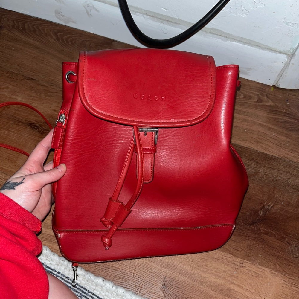 vintage red coach bucket style backpack purse